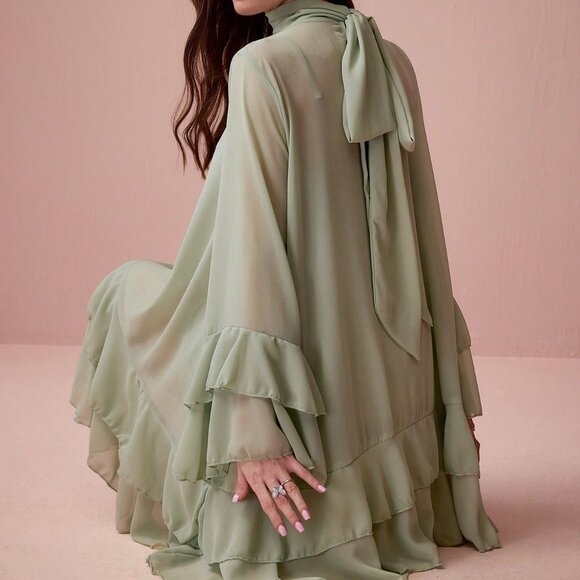 Mint Green Elegant Women's Ruffle Sleeve A-Line Dress - Picture 2 of 7
